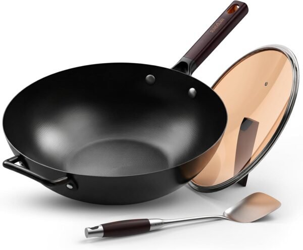 SUMEIGUAN 13.5 inch nitrided carbon steel wok with lid and spatula