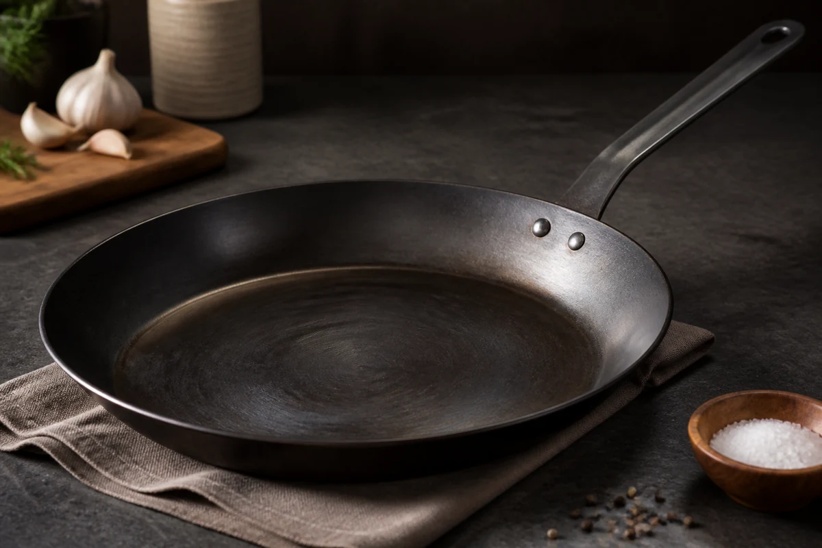 Are Carbon Steel Pans Safe? in a minimalist carbon steel cookware setting