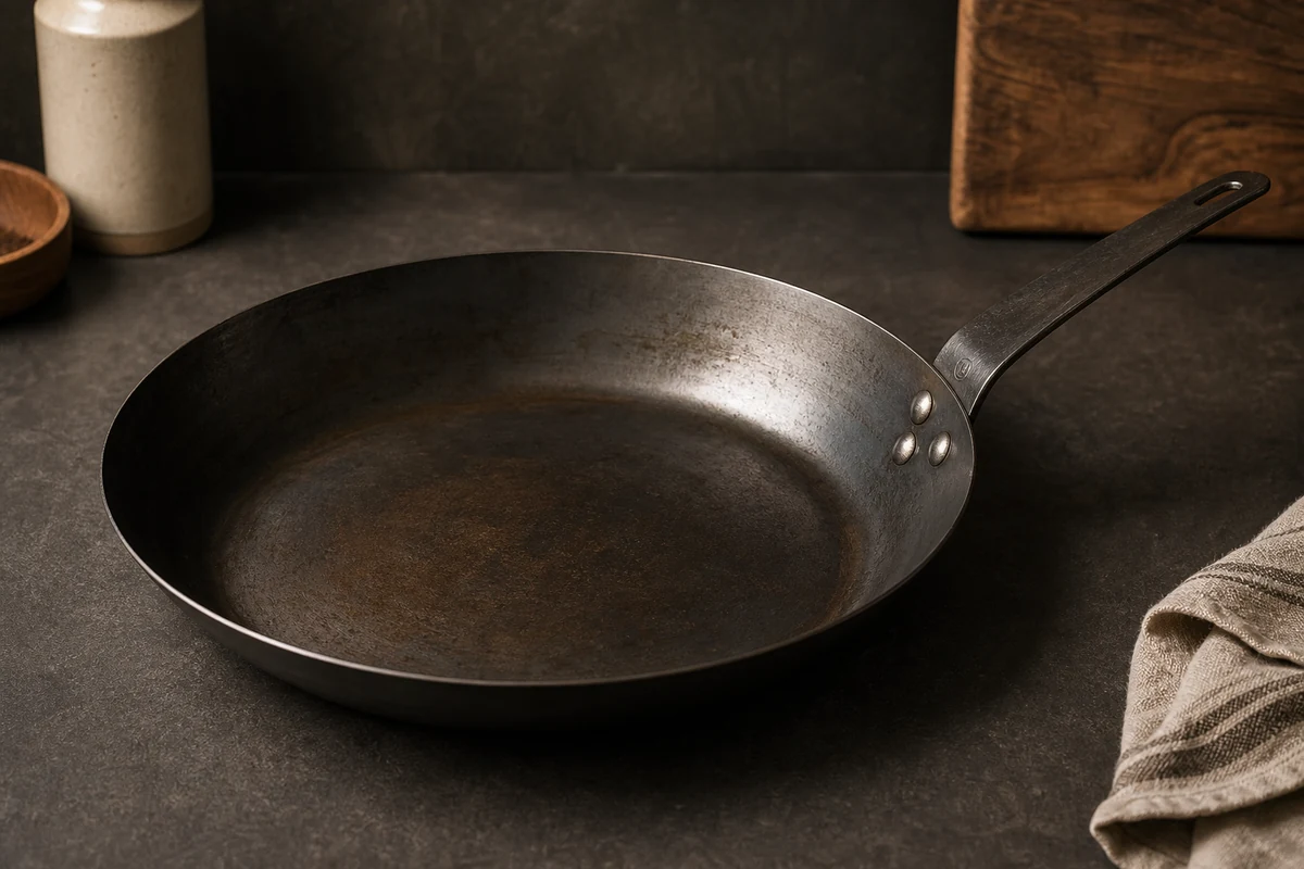 Are Carbon Steel Pans Safe? close-up showing the carbon steel surface or cooking process