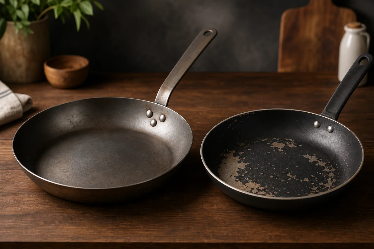 Are Carbon Steel Pans Safe?: A close-up of a bare carbon steel cooking surface next to a peeling non-stick pan, showing the difference between uncoated metal and a worn coating.
