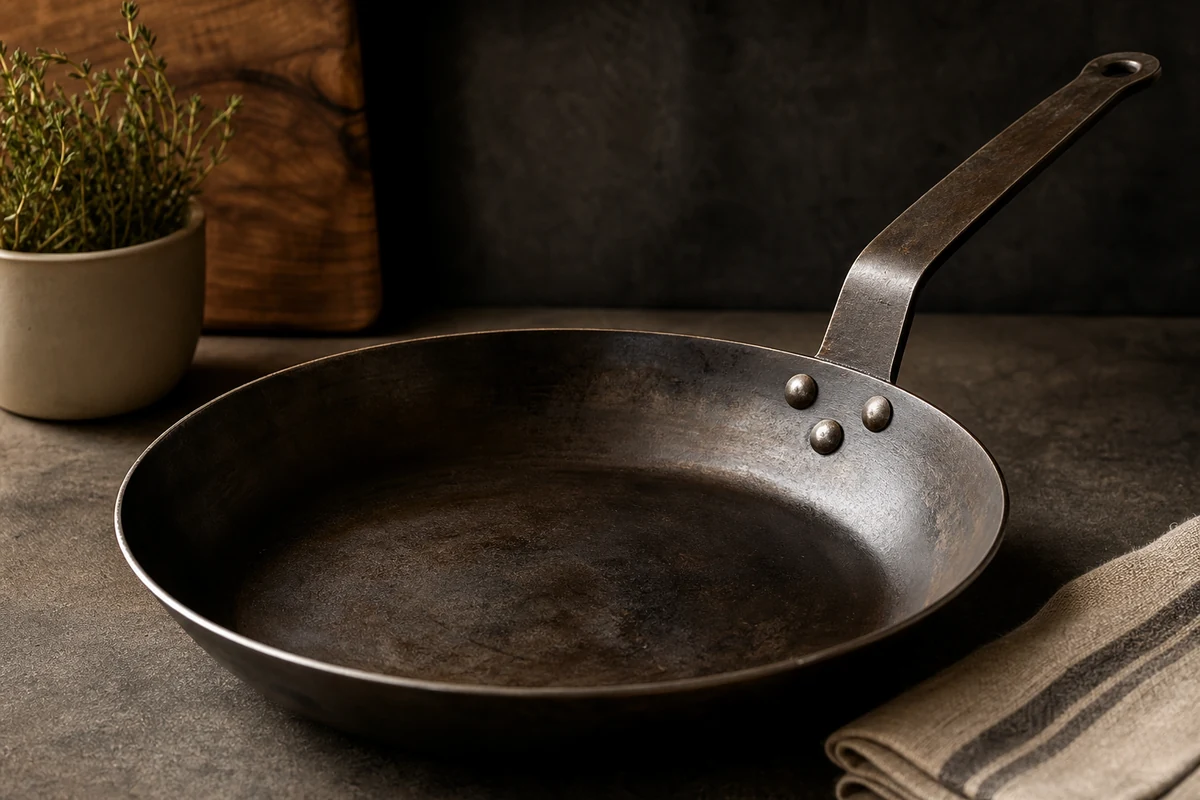 Are Carbon Steel Pans Worth It? in a minimalist carbon steel cookware setting
