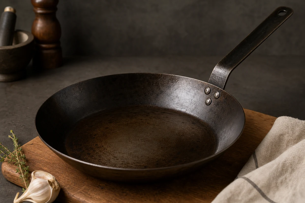 Are Carbon Steel Pans Worth It? close-up showing the carbon steel surface or cooking process