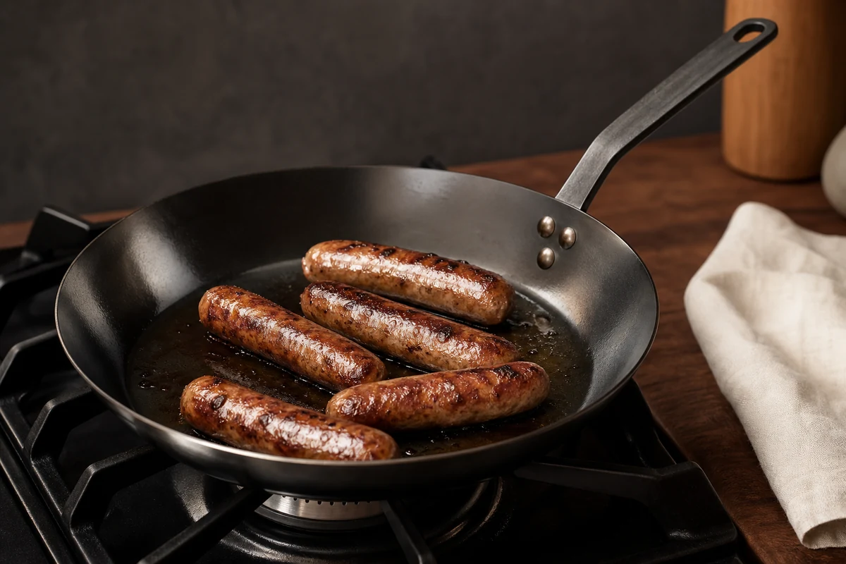 Best Budget Carbon Steel Pan: A budget nitrided carbon steel pan cooking sausages on a plain home hob, food browning well.
