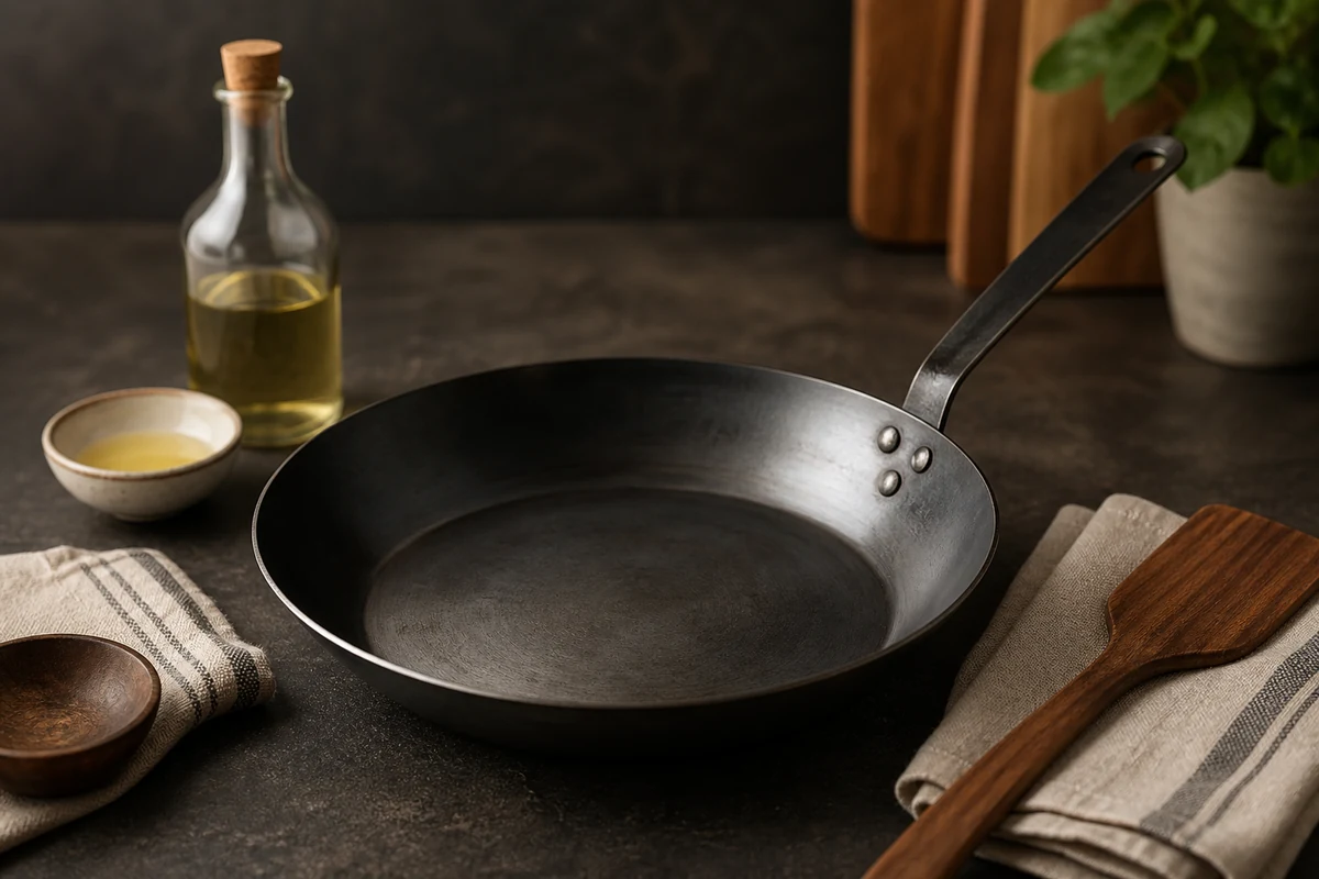 Best Carbon Steel Pan for Beginners in a minimalist carbon steel cookware setting