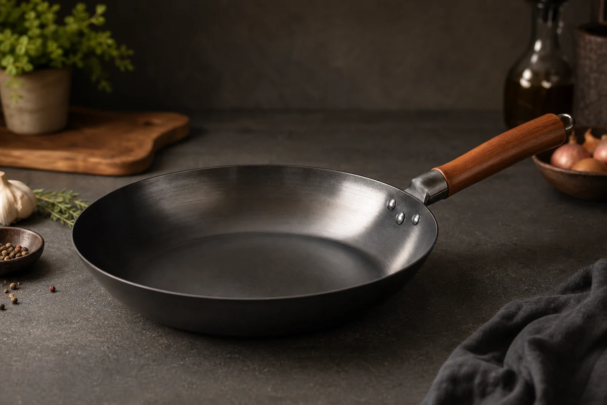 Best Carbon Steel Pan for Beginners close-up showing the carbon steel surface or cooking process