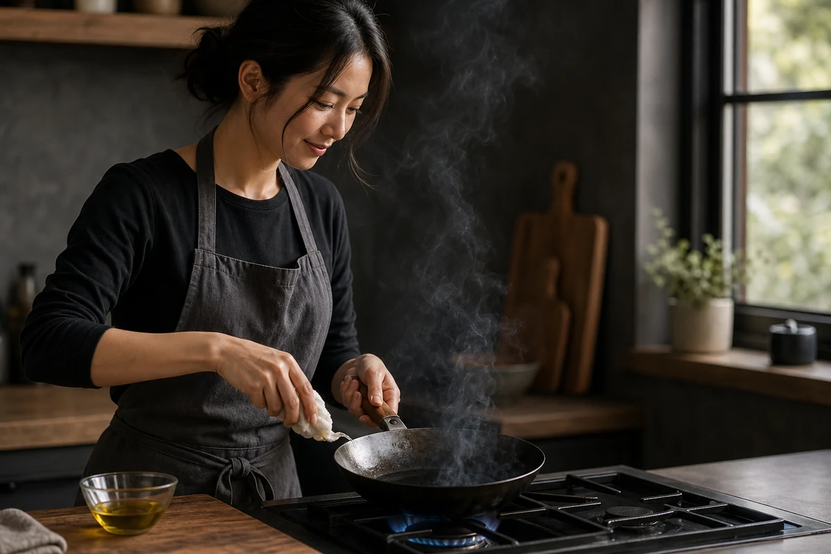 Best Carbon Steel Pan for Beginners: A first-time cook seasoning a small carbon steel pan on a home hob, thin smoke rising, window open behind.