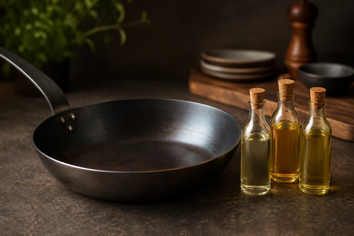 Best Oil for Seasoning Carbon Steel in a minimalist carbon steel cookware setting