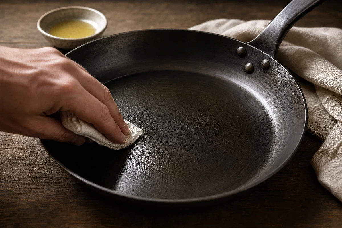 Best Oil for Seasoning Carbon Steel close-up showing the carbon steel surface or cooking process