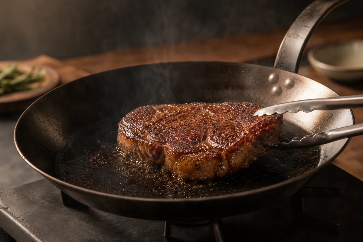 Best Pan for Steak: Carbon Steel and the Alternatives: A thick steak searing hard in a carbon steel pan, deep crust forming, tongs lifting one edge to check colour.