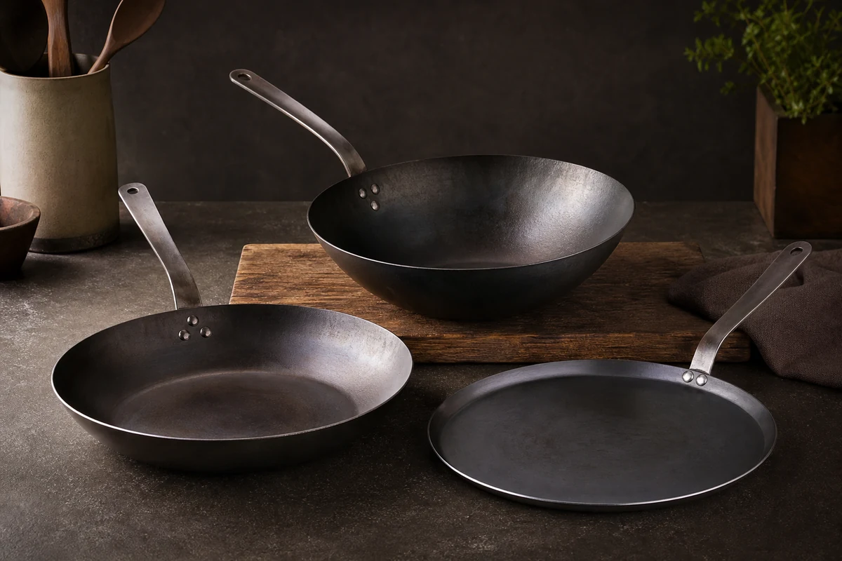 Carbon Steel Cookware: The Complete Guide in a minimalist carbon steel cookware setting