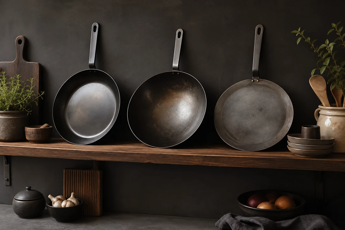 Carbon Steel Cookware: The Complete Guide: A kitchen shelf holding a carbon steel frying pan, a wok and a crepe pan side by side, showing the shape differences.