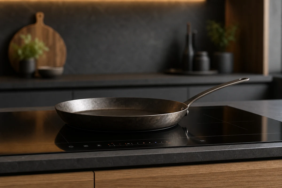 Carbon steel frying pan sitting flat on a modern induction hob