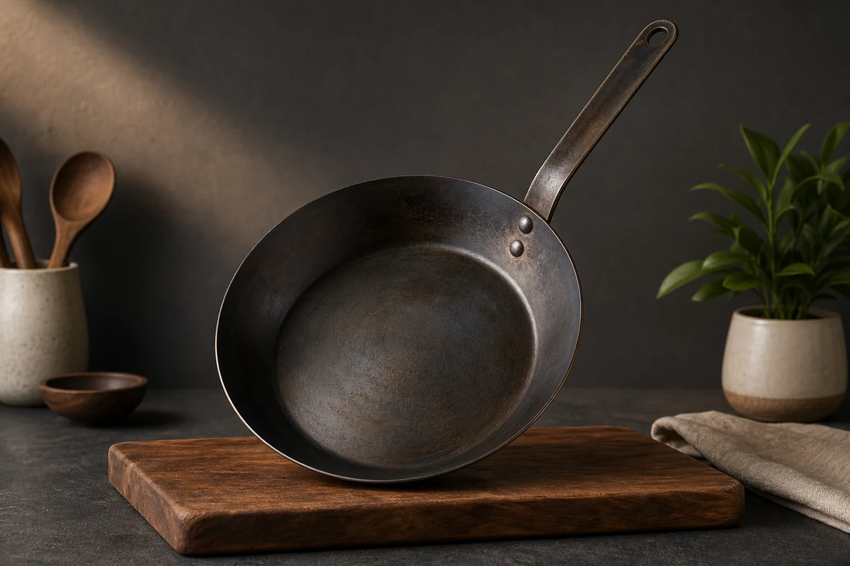 Carbon Steel Pan Pros and Cons in a minimalist carbon steel cookware setting
