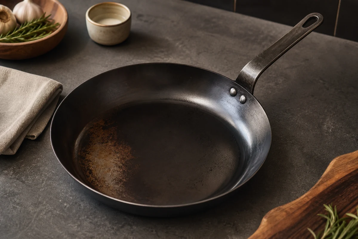 Carbon Steel Pan Pros and Cons close-up showing the carbon steel surface or cooking process