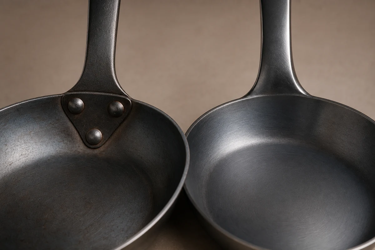Riveted versus welded handle construction on carbon steel frying pans
