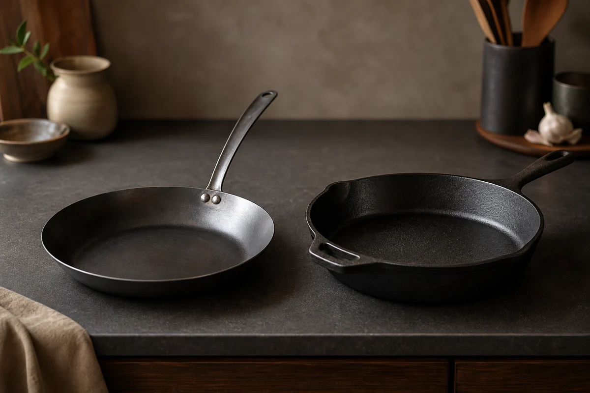 Carbon Steel vs Cast Iron: Which Should You Buy? in a minimalist carbon steel cookware setting