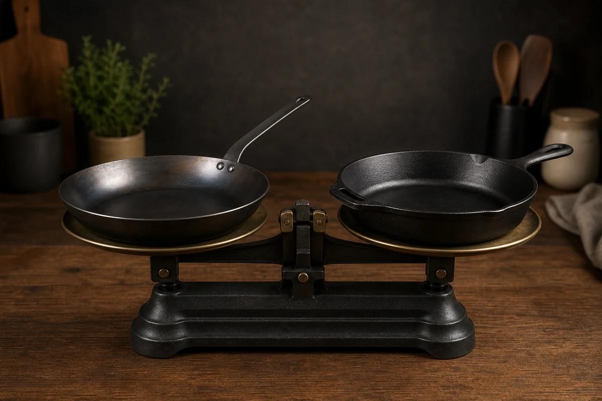 Carbon Steel vs Cast Iron: Which Should You Buy?: A carbon steel skillet and a cast iron skillet side by side on a scale, showing the weight difference.
