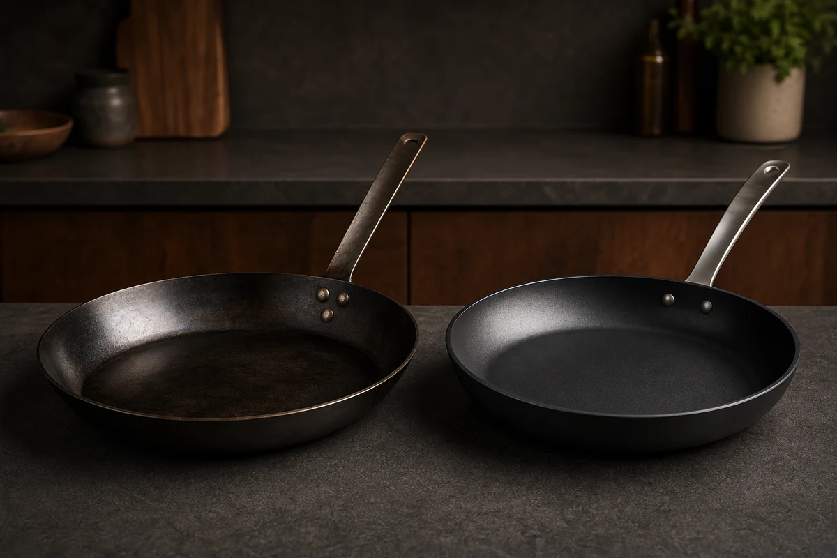 Carbon Steel vs Nonstick Pans: Which Is Better? in a minimalist carbon steel cookware setting
