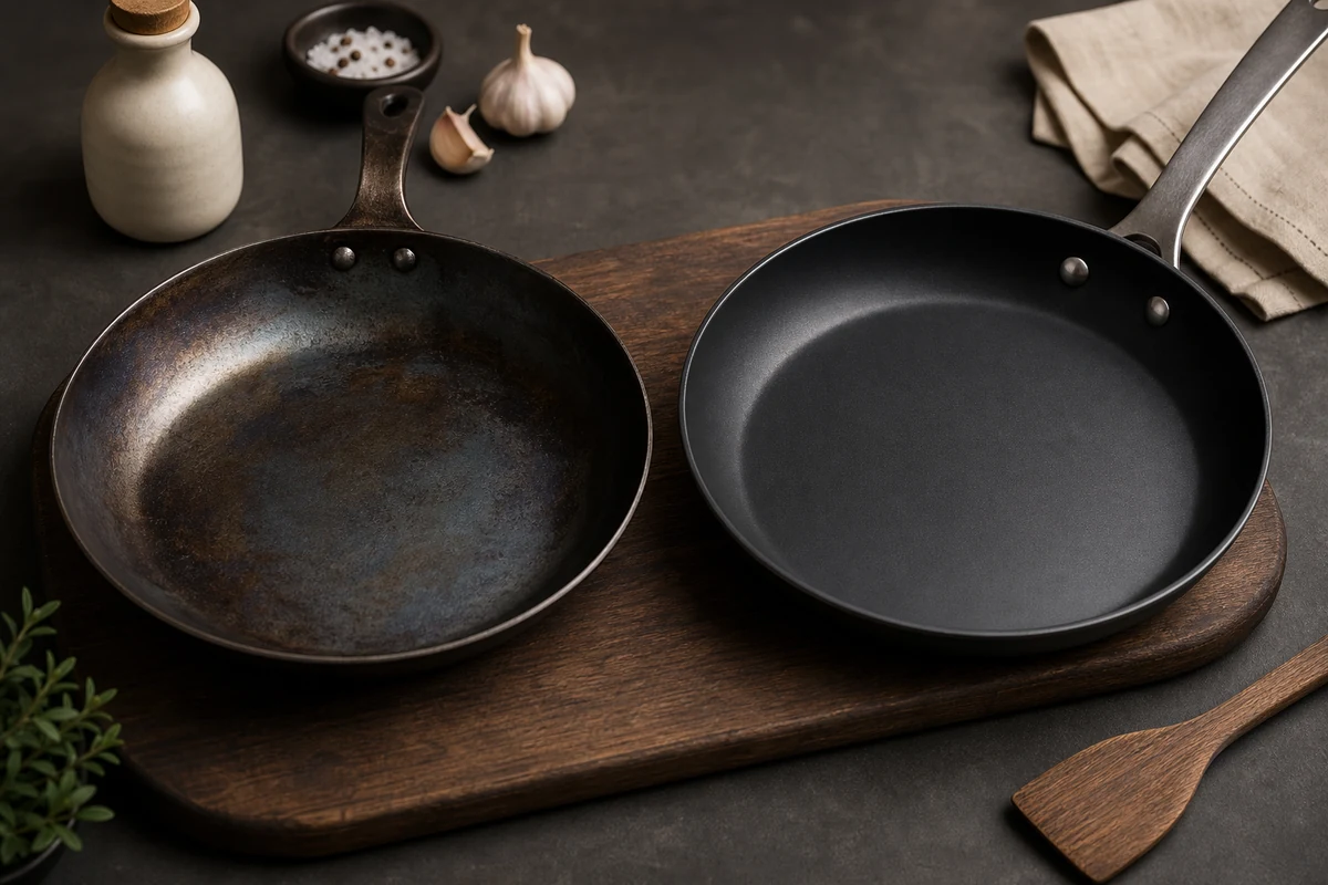 Carbon Steel vs Nonstick Pans: Which Is Better? close-up showing the carbon steel surface or cooking process