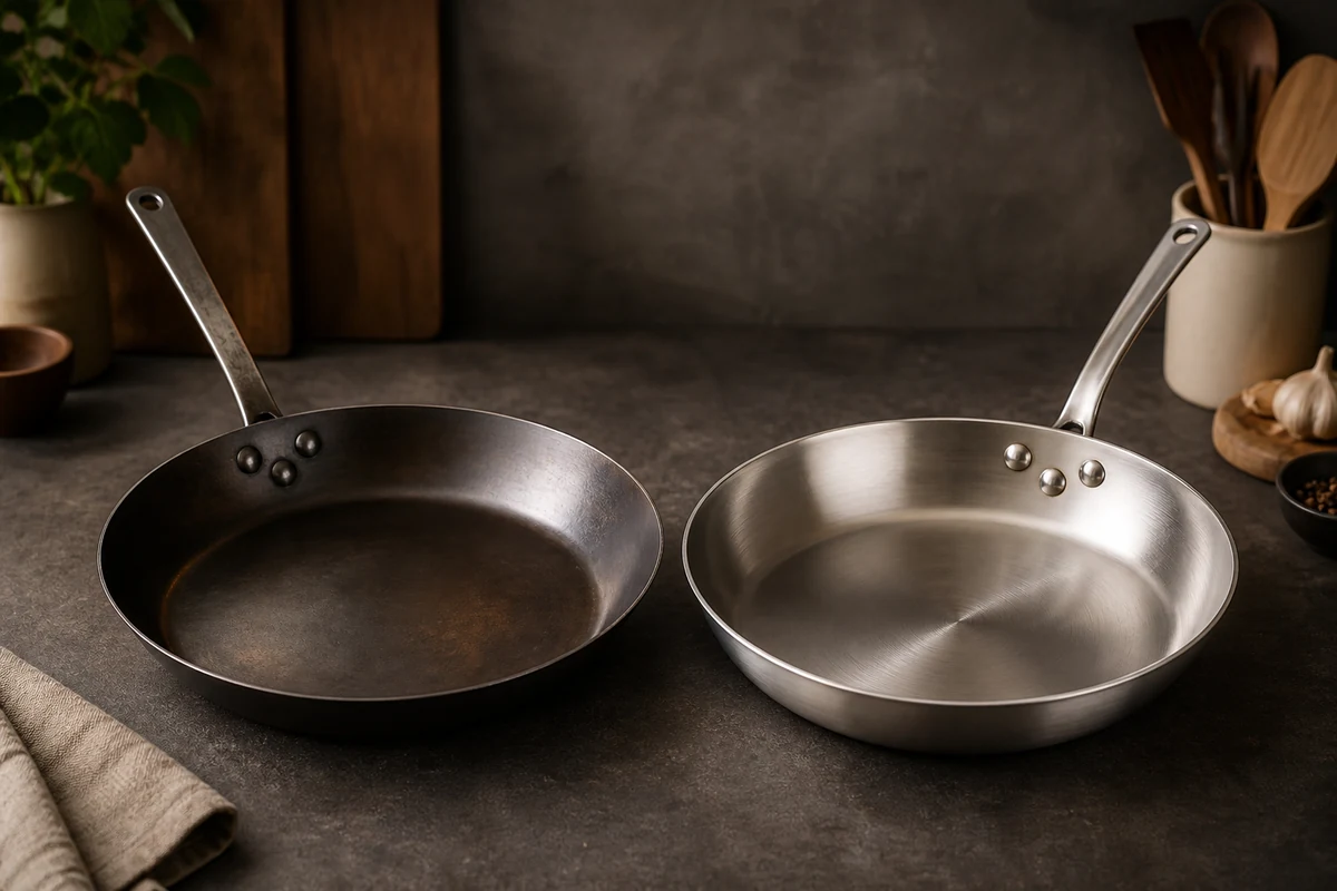 Carbon Steel vs Stainless Steel: Which to Buy? in a minimalist carbon steel cookware setting