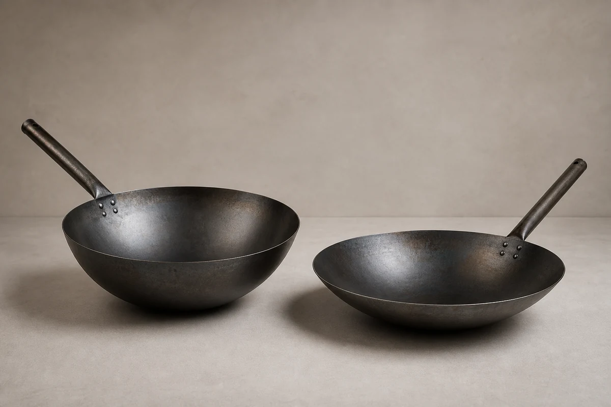 Deep and shallow carbon steel woks compared for tossing food