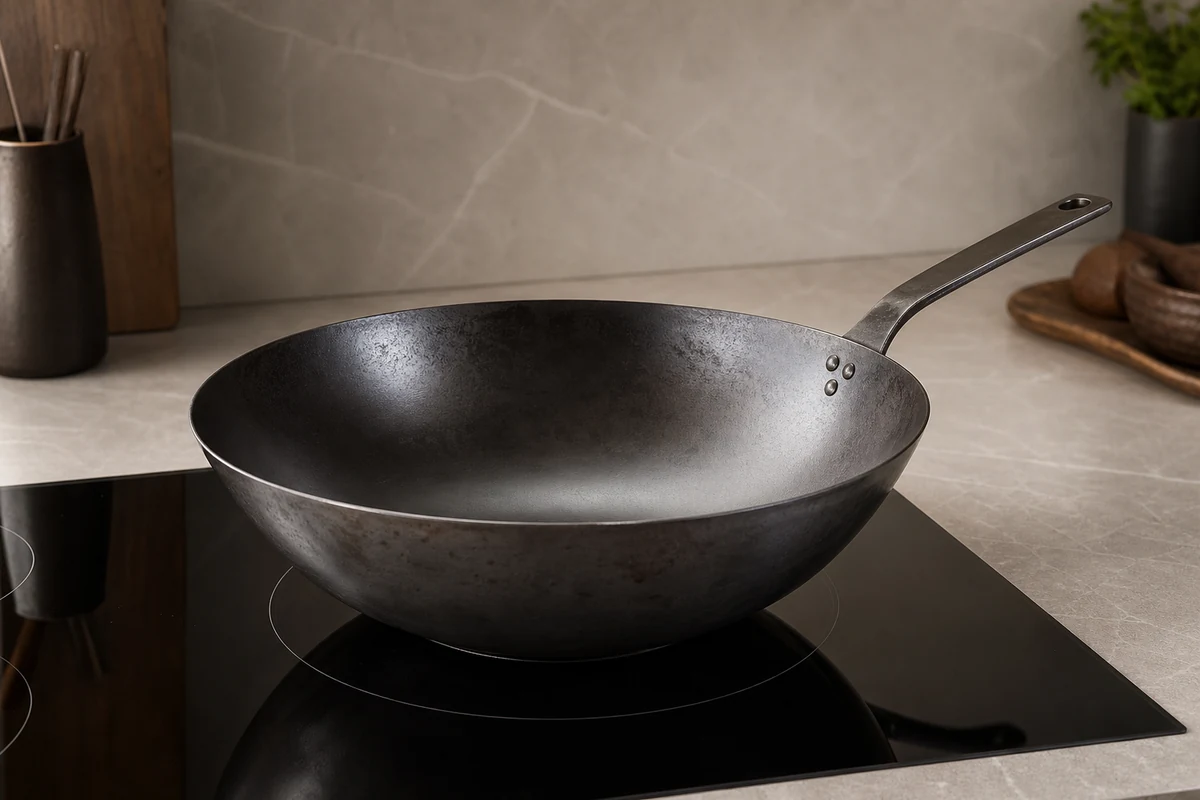 Flat-bottom carbon steel wok on an induction hob
