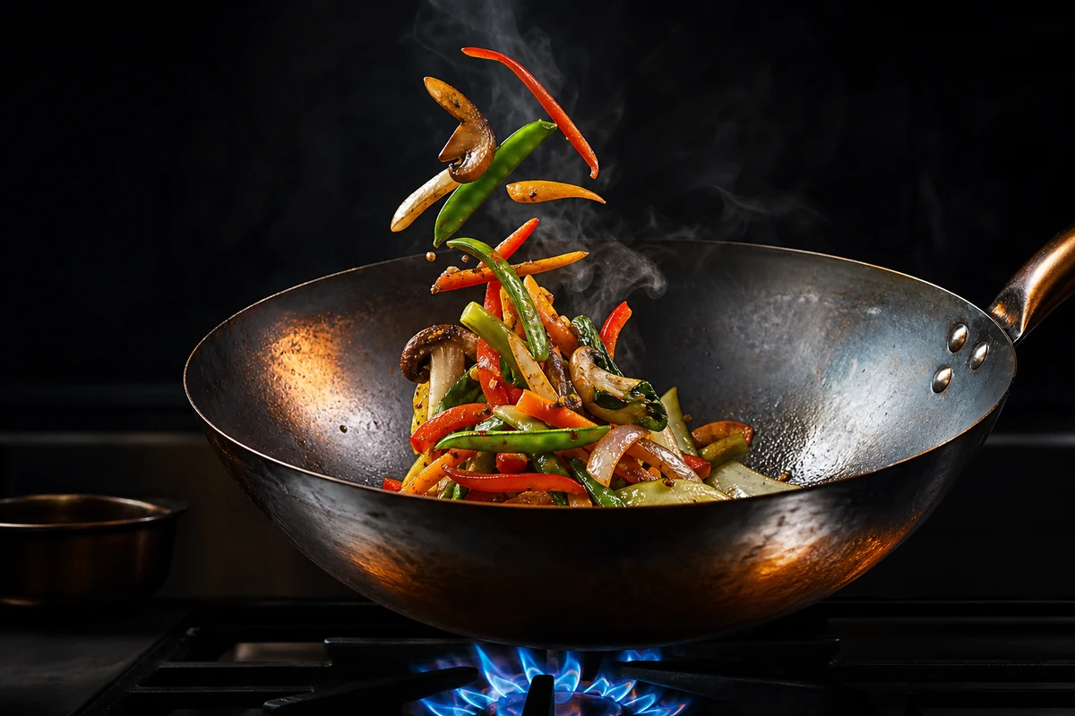 Carbon steel wok cooking vegetables over high gas heat