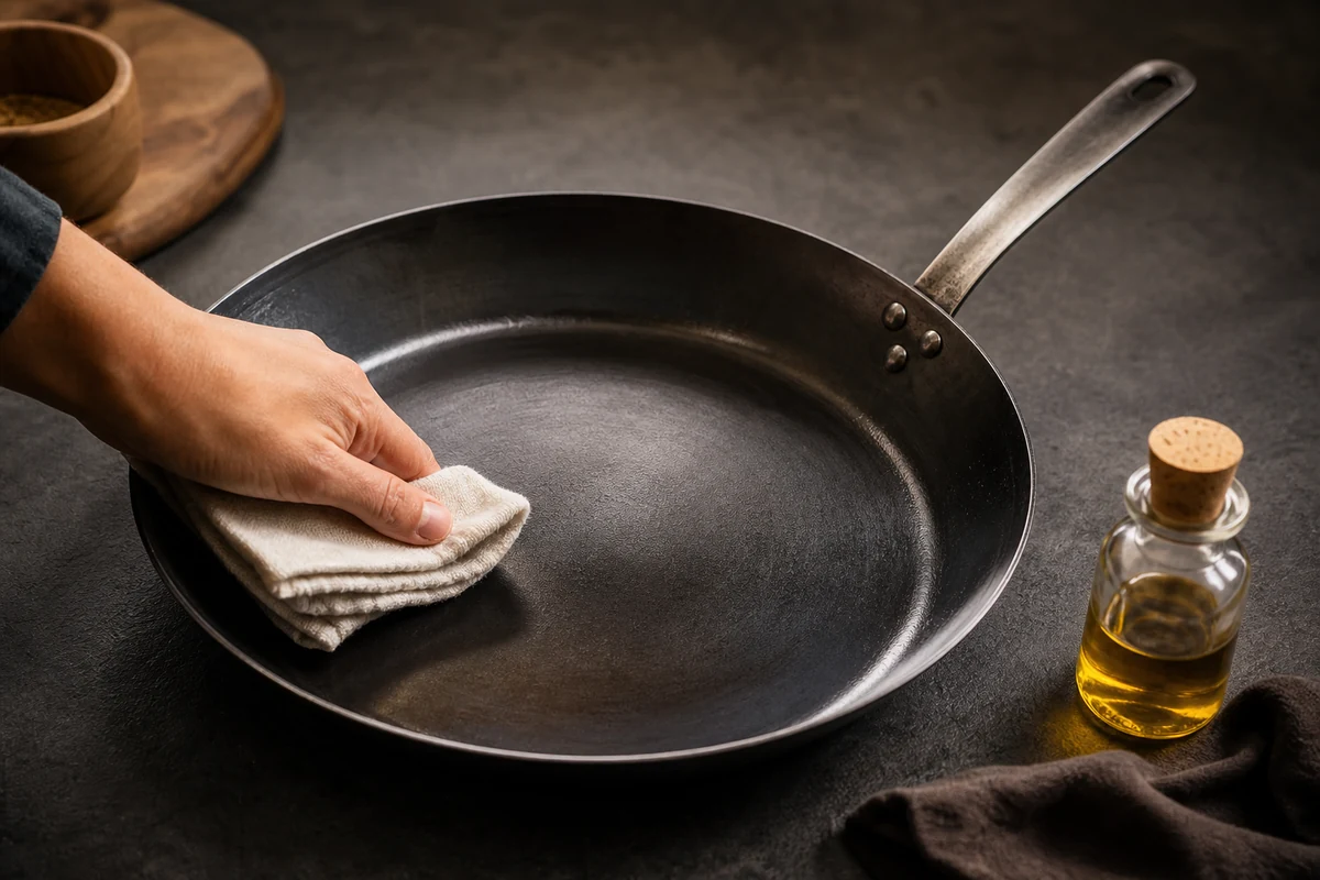 How to Care for a Carbon Steel Pan in a minimalist carbon steel cookware setting