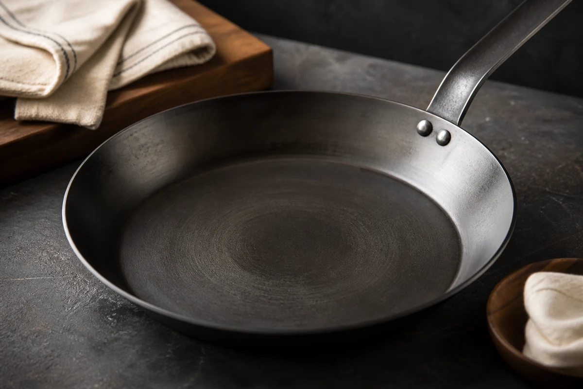 How to Care for a Carbon Steel Pan close-up showing the carbon steel surface or cooking process