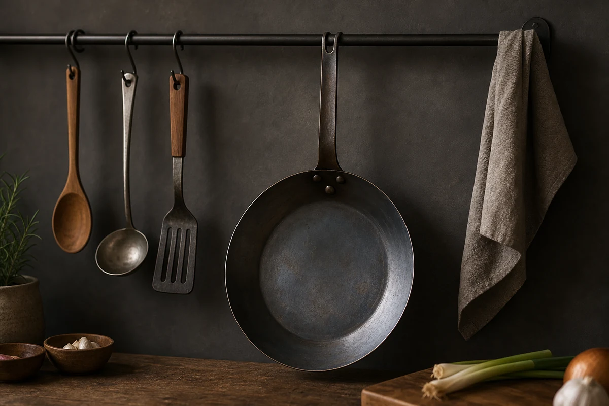 How to Care for a Carbon Steel Pan: A carbon steel pan hanging on a wall rail beside kitchen utensils, dry and lightly oiled.