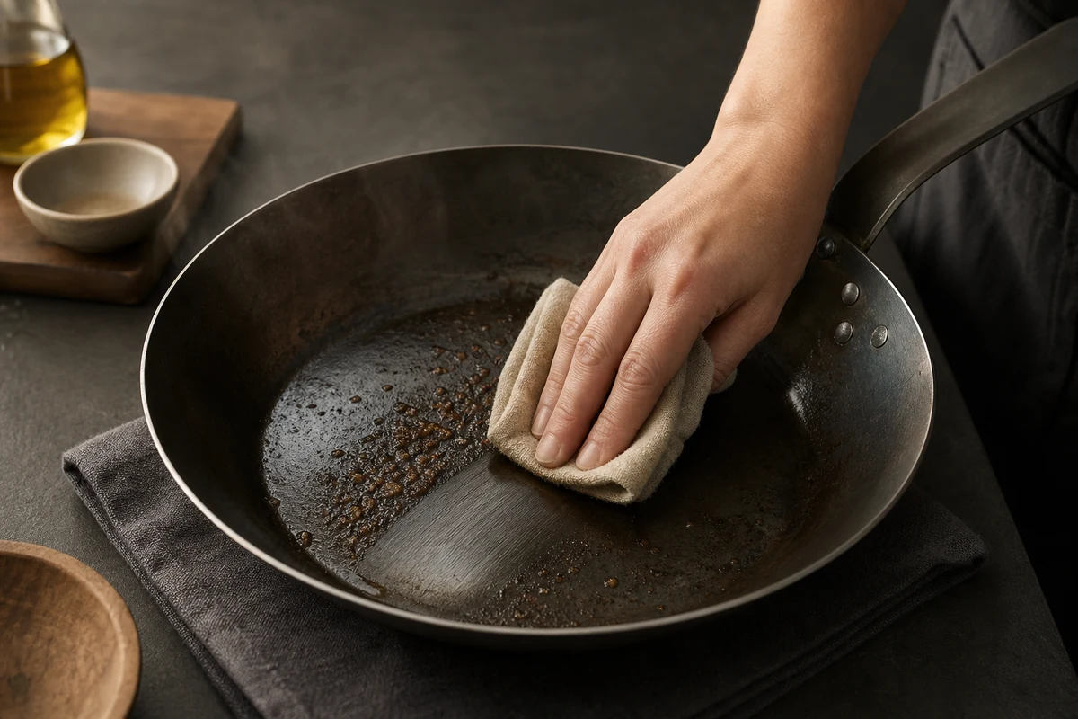 How to Clean a Carbon Steel Pan close-up showing the carbon steel surface or cooking process