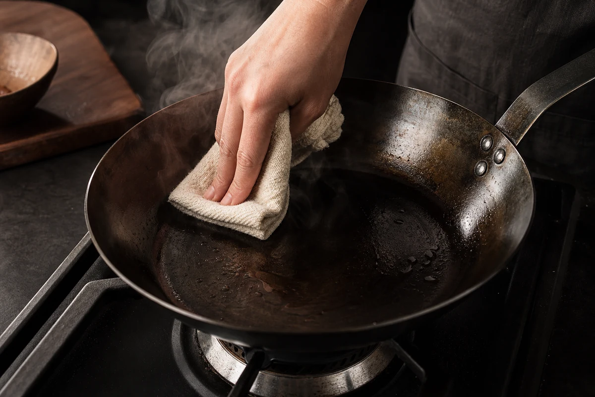 How to Clean a Carbon Steel Pan: A carbon steel pan being wiped clean with a paper towel while still warm on the hob, steam rising gently.
