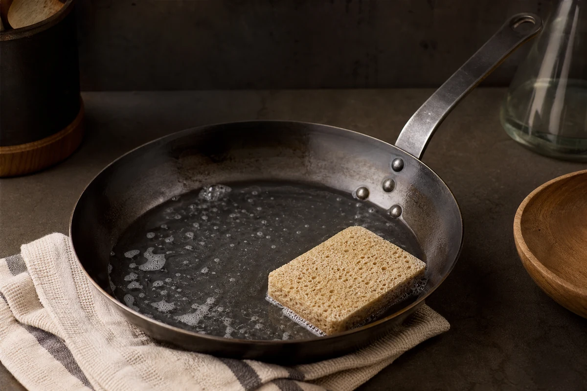 How to Clean a Made In Carbon Steel Pan in a minimalist carbon steel cookware setting