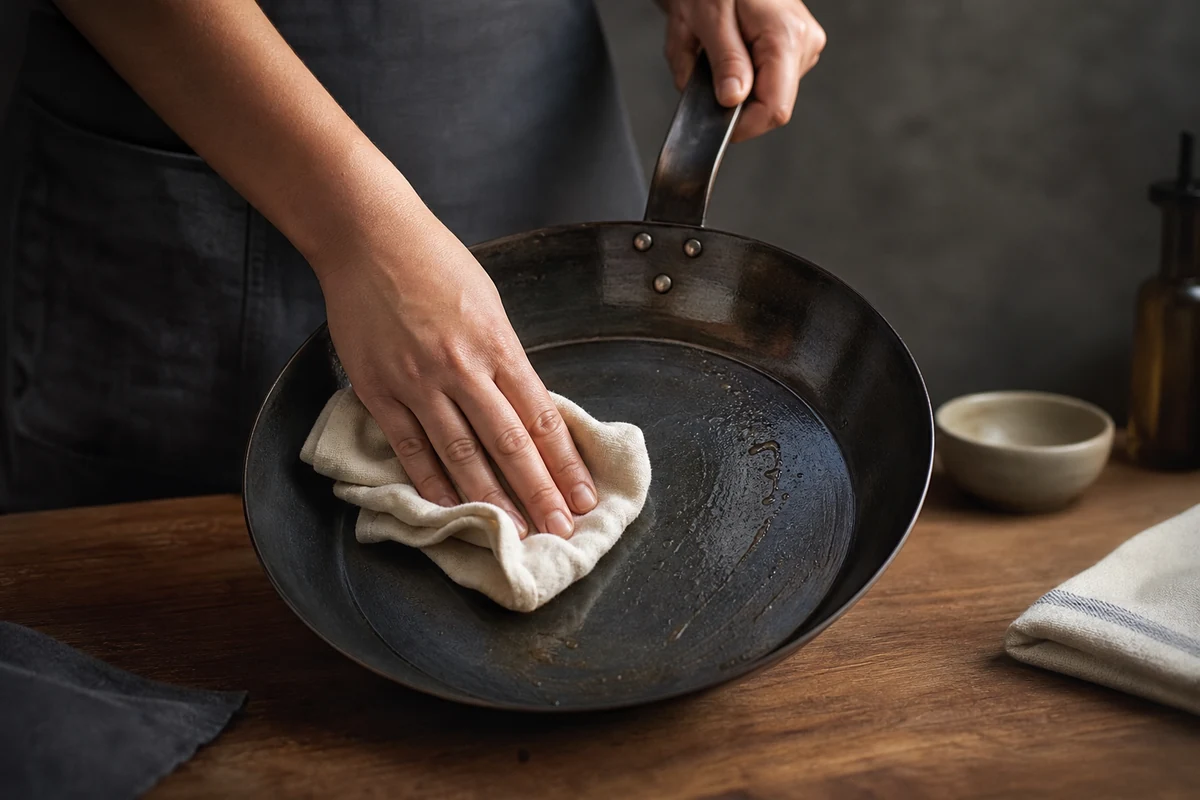 How to Clean a Made In Carbon Steel Pan close-up showing the carbon steel surface or cooking process