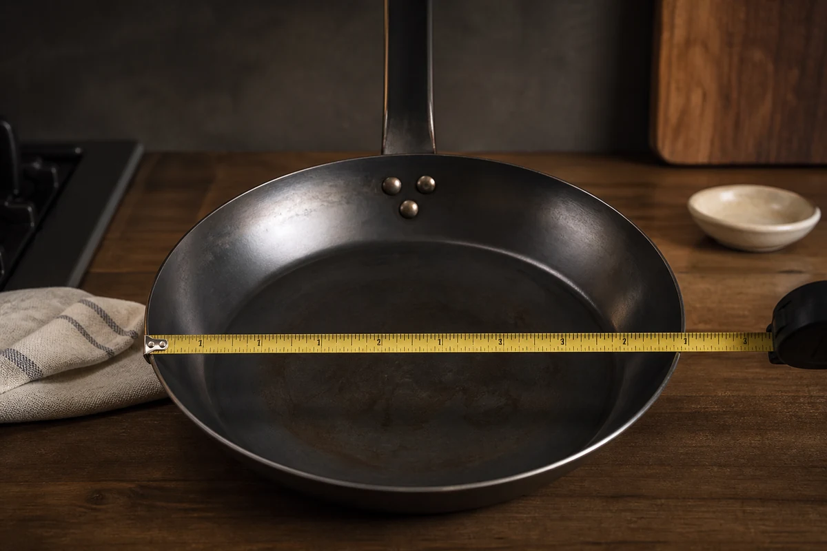 Cooking Surface vs Pan Size: The Number Nobody Advertises: A tape measure laid across the flat base of a carbon steel pan, showing the usable cooking area is smaller than the rim.