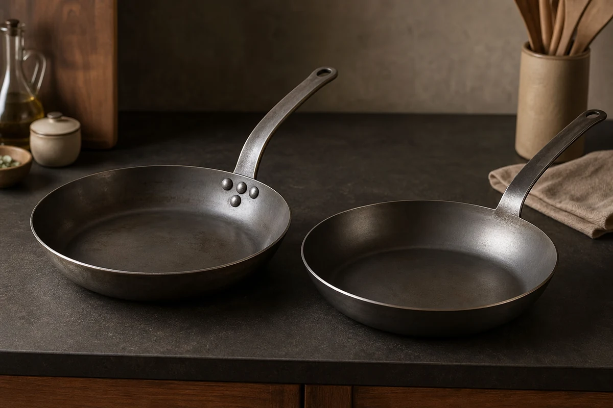 de Buyer vs Matfer Bourgeat: Which to Buy? in a minimalist carbon steel cookware setting