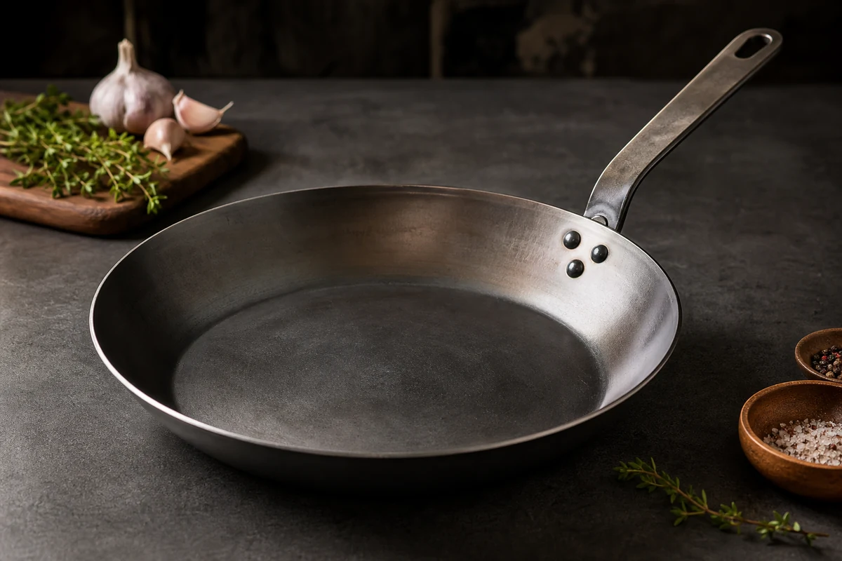 What Is the Healthiest Pan for Frying? in a minimalist carbon steel cookware setting