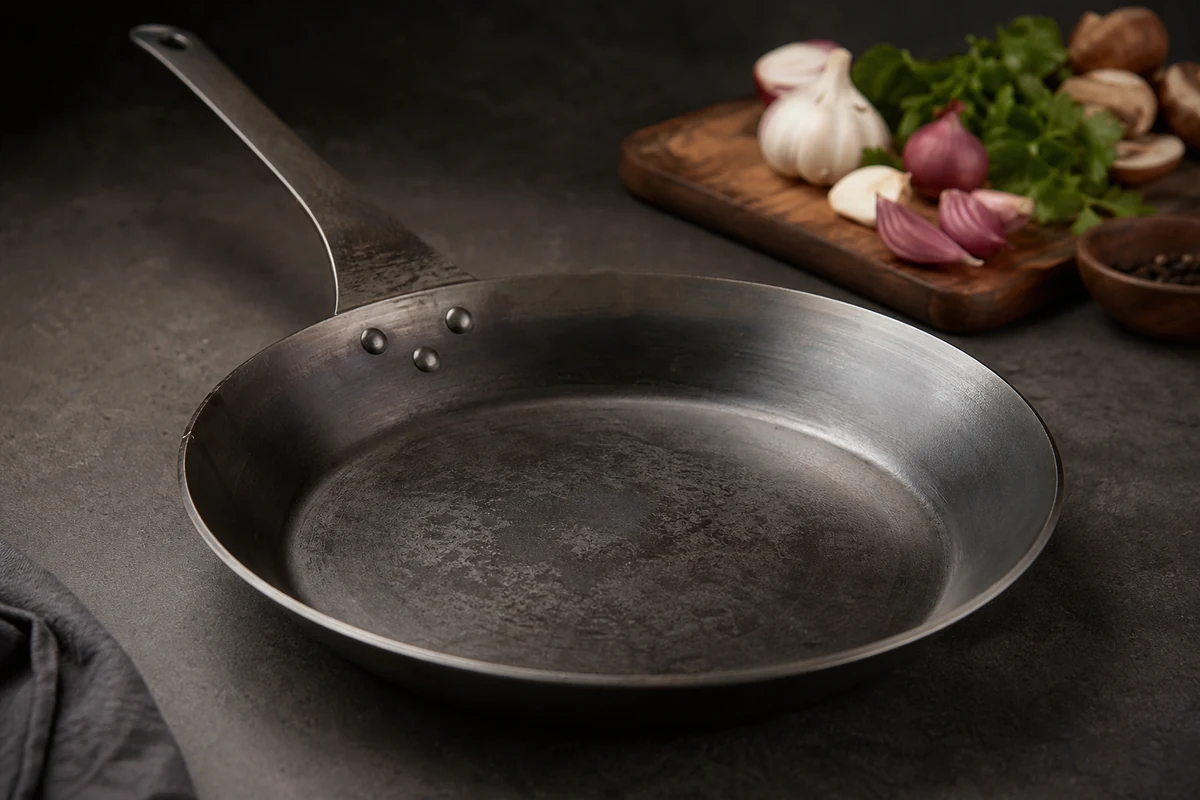What Is the Healthiest Pan for Frying? close-up showing the carbon steel surface or cooking process