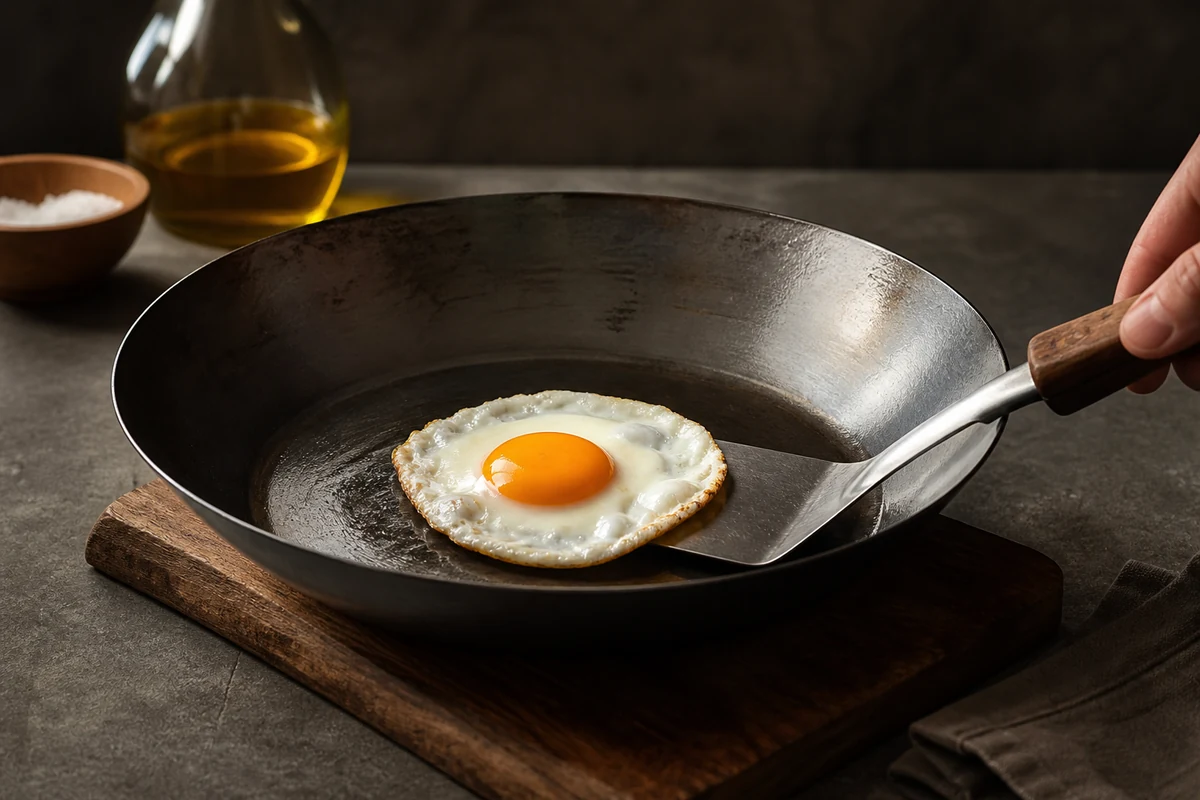 Is Carbon Steel Non-Stick? in a minimalist carbon steel cookware setting
