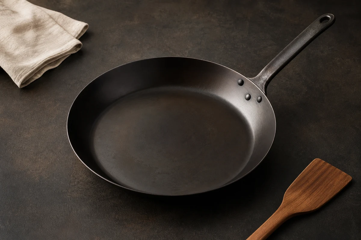 Dark pre-seasoned carbon steel frying pan on a warm charcoal surface