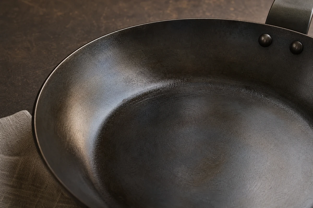 Close-up of the factory-seasoned surface inside a carbon steel pan