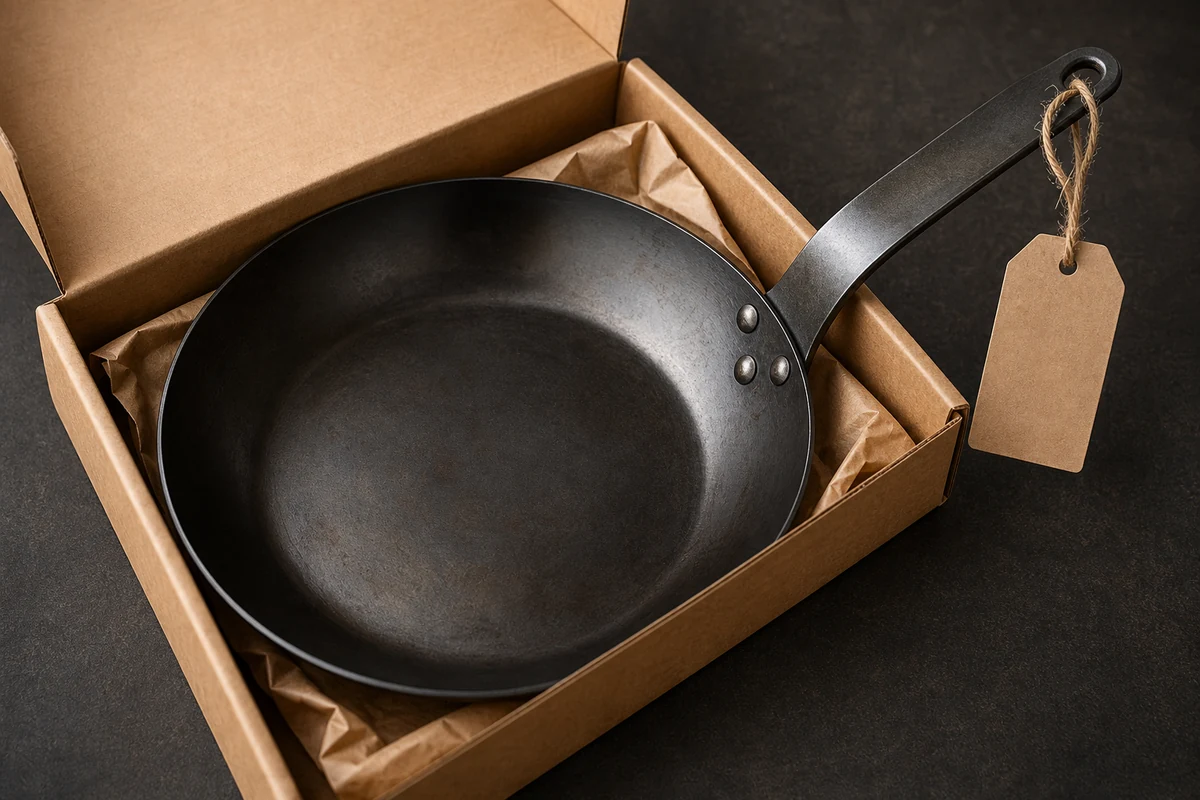 New pre-seasoned carbon steel pan in an open box with a blank hang tag