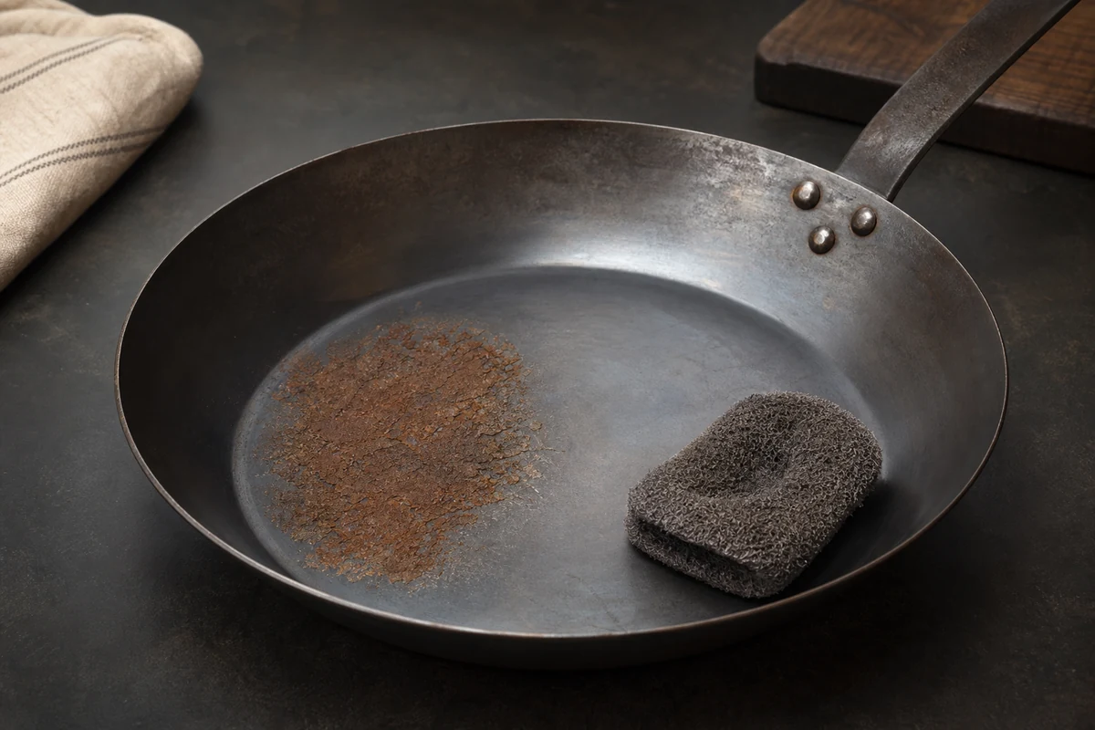 How to Remove Rust From a Carbon Steel Pan in a minimalist carbon steel cookware setting