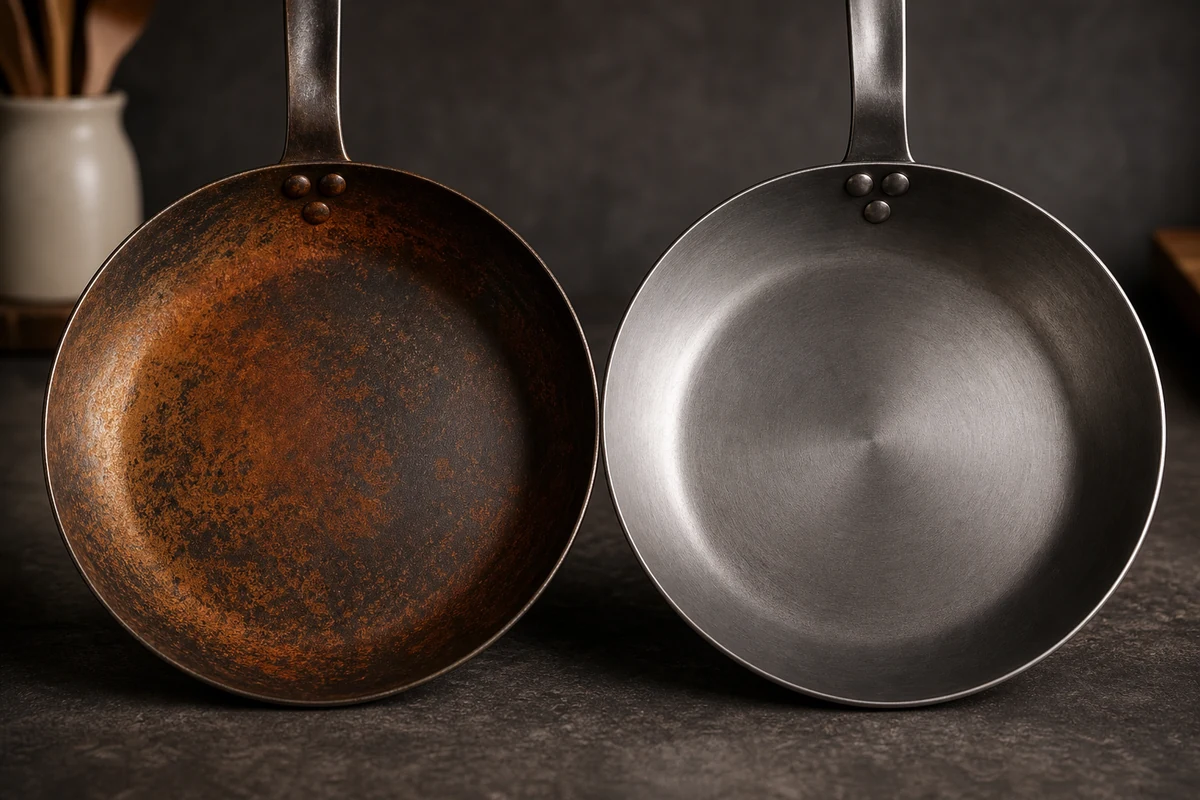 How to Remove Rust From a Carbon Steel Pan close-up showing the carbon steel surface or cooking process