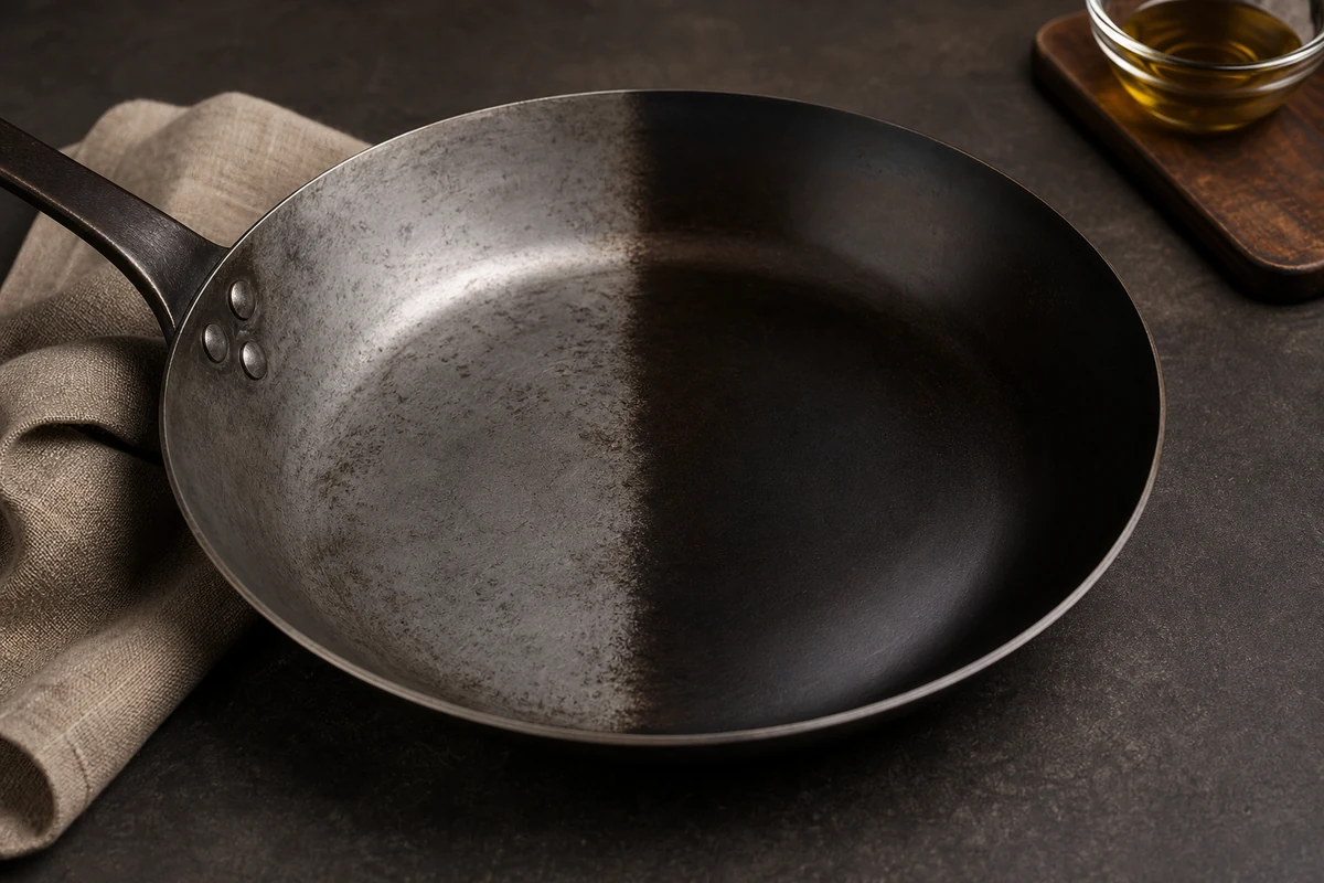 How to Reseason a Carbon Steel Pan in a minimalist carbon steel cookware setting