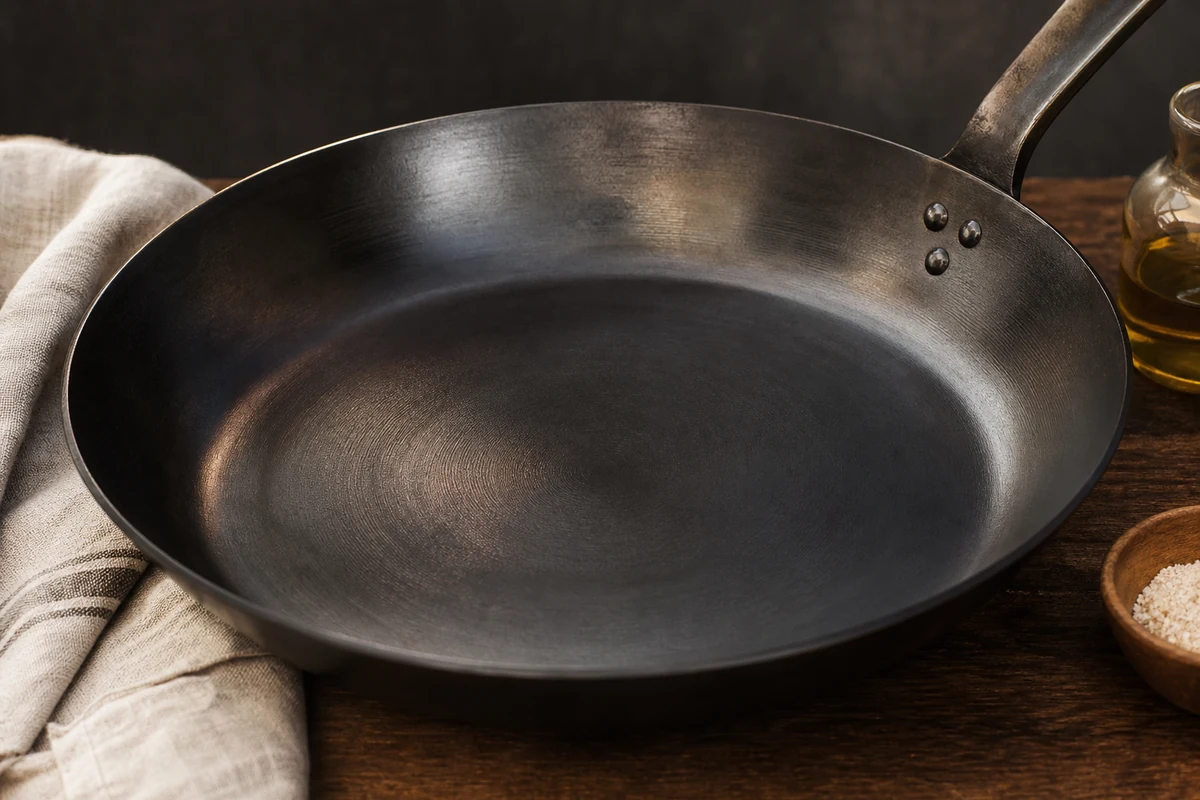 How to Reseason a Carbon Steel Pan close-up showing the carbon steel surface or cooking process