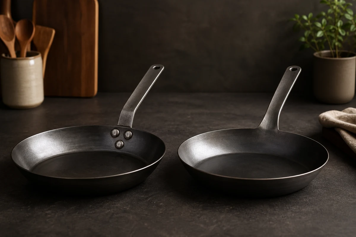 Riveted vs Welded Handles on Carbon Steel Pans in a minimalist carbon steel cookware setting