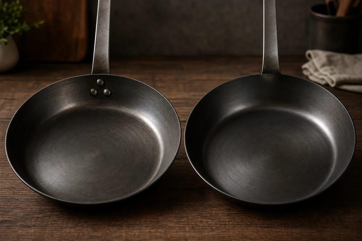 Riveted vs Welded Handles on Carbon Steel Pans: Close-up of two pan interiors side by side, one showing three rivet heads inside the cooking surface and one showing a completely smooth interior.