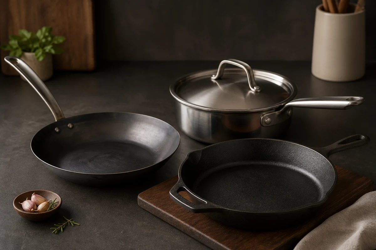 What Is the Safest Cookware? in a minimalist carbon steel cookware setting