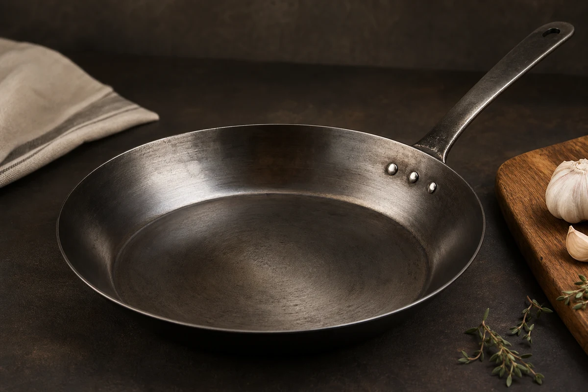 What Is the Safest Cookware? close-up showing the carbon steel surface or cooking process